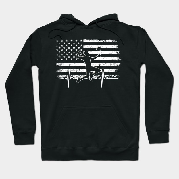 Volleyball Player Retro American Flag Volleyball Heartbeat Long Hoodie by jadolomadolo